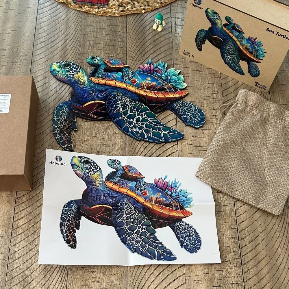 Colorful Sea Turtle Art 🖼️ Puzzle 🧩 wood box & burlap bag